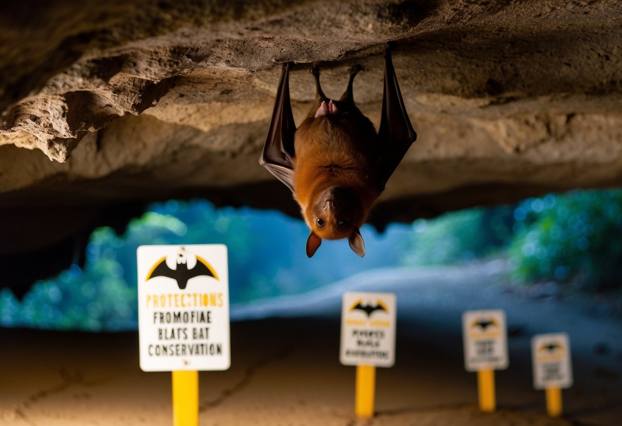 A bat roosts in a protected cave with signs promoting bat conservation