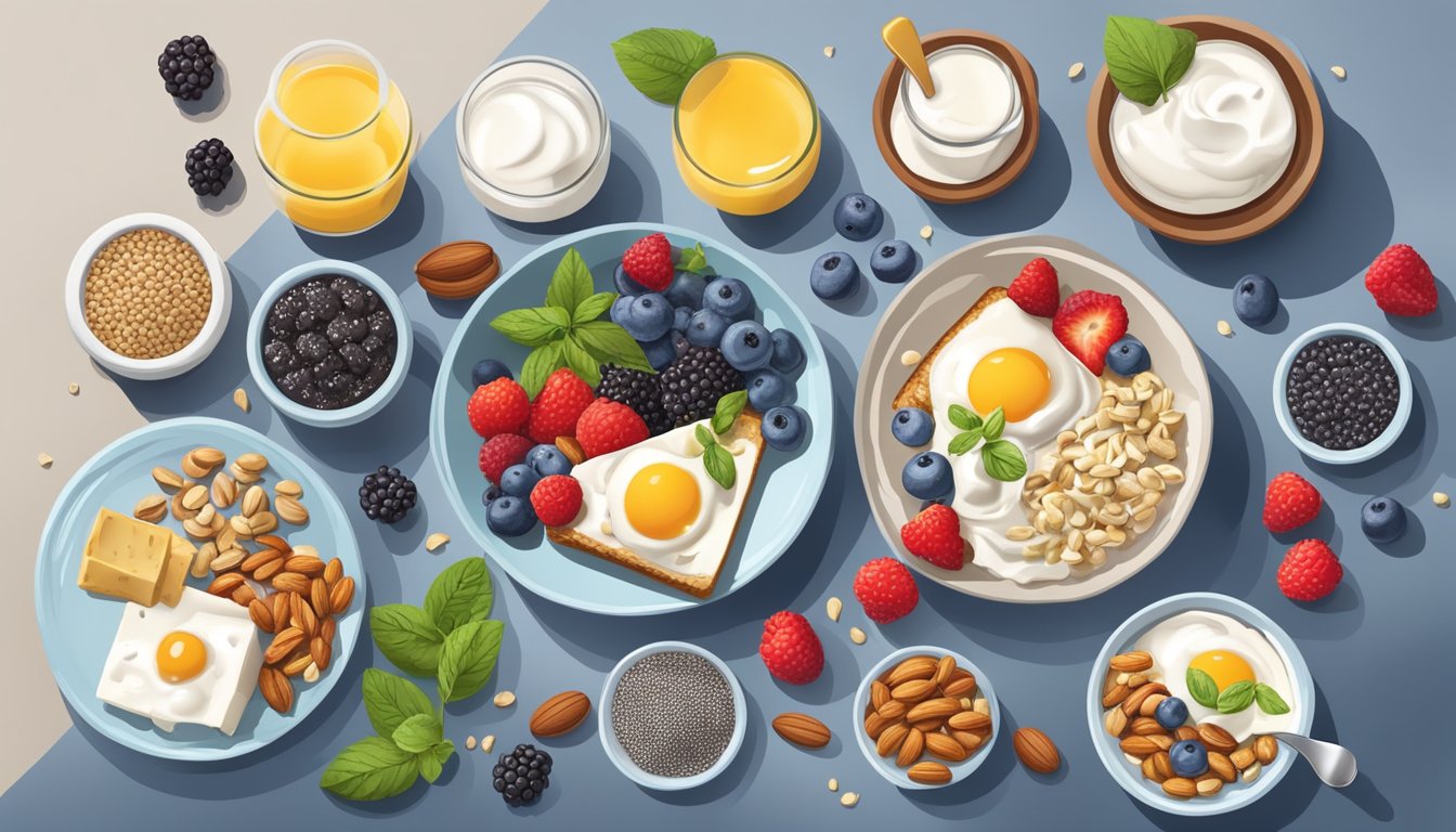 A breakfast table with a variety of high-protein foods such as tofu, Greek yogurt, chia seeds, nuts, and berries