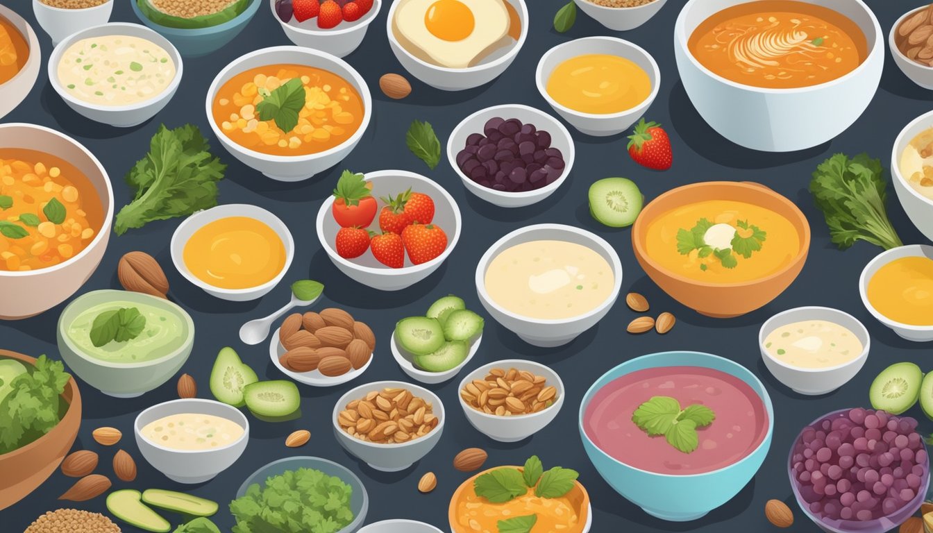 A table with a variety of colorful bowls filled with different types of diabetic-friendly breakfast soups, surrounded by fresh ingredients like vegetables, fruits, and nuts