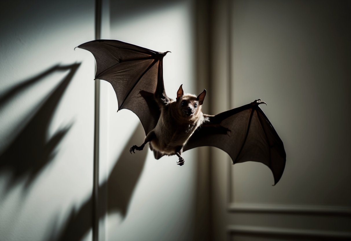 A bat flies around a dimly lit room, casting shadows on the walls as it desperately seeks an exit