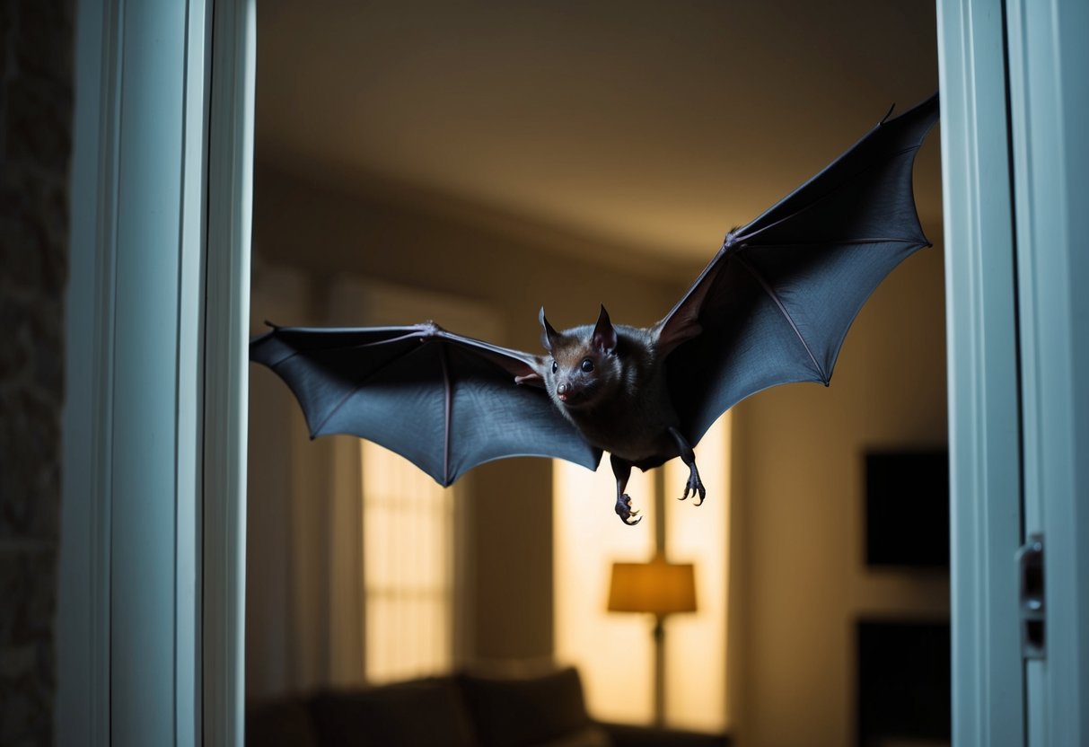 A bat flies through an open window into a dimly lit living room, its wings casting shadows on the walls