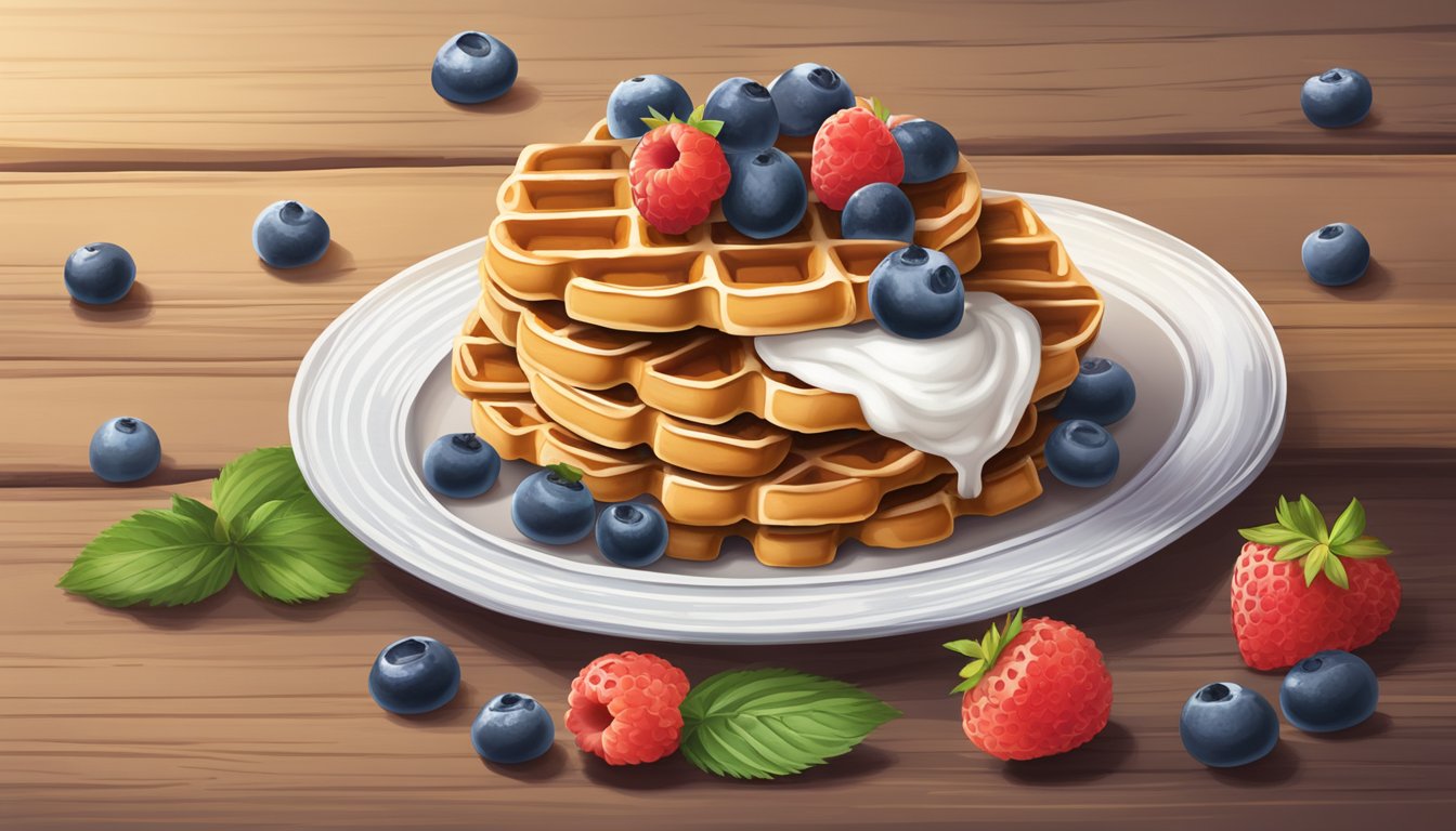 A stack of almond flour waffles surrounded by fresh berries and a dollop of whipped cream on a rustic wooden table