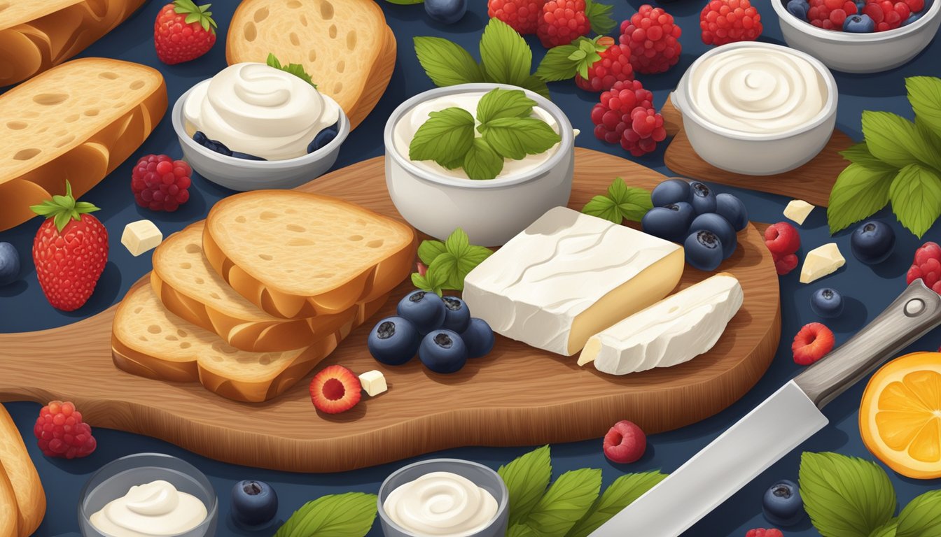 A wooden cutting board with sliced baguette, ricotta cheese, and assorted berries arranged in a visually appealing manner