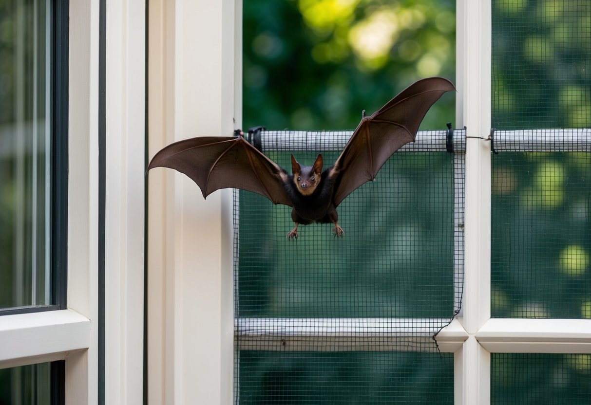 A bat flies out of an open window, while a screen is installed to prevent future intrusions