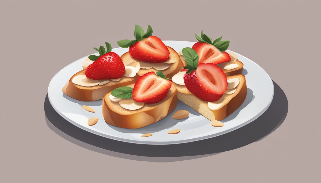 A plate of sliced almonds and strawberries arranged on top of toasted bruschetta