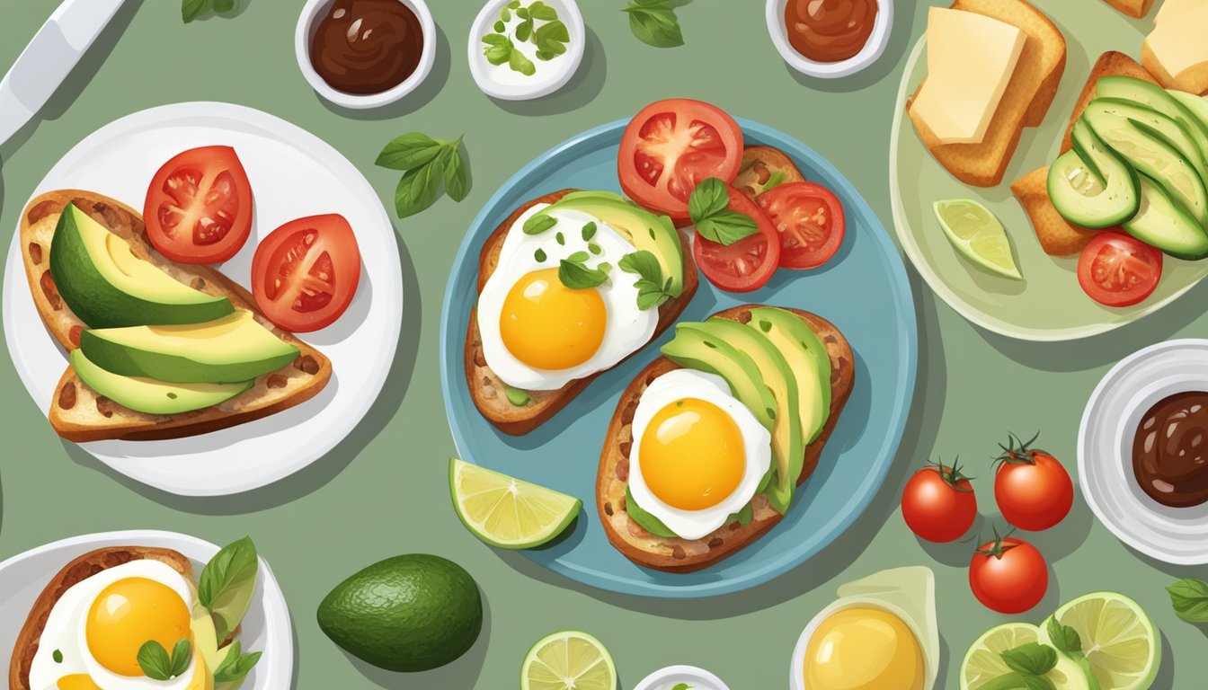 A table set with five different types of bruschetta, each topped with diabetic-friendly breakfast ingredients such as avocado, tomatoes, and eggs