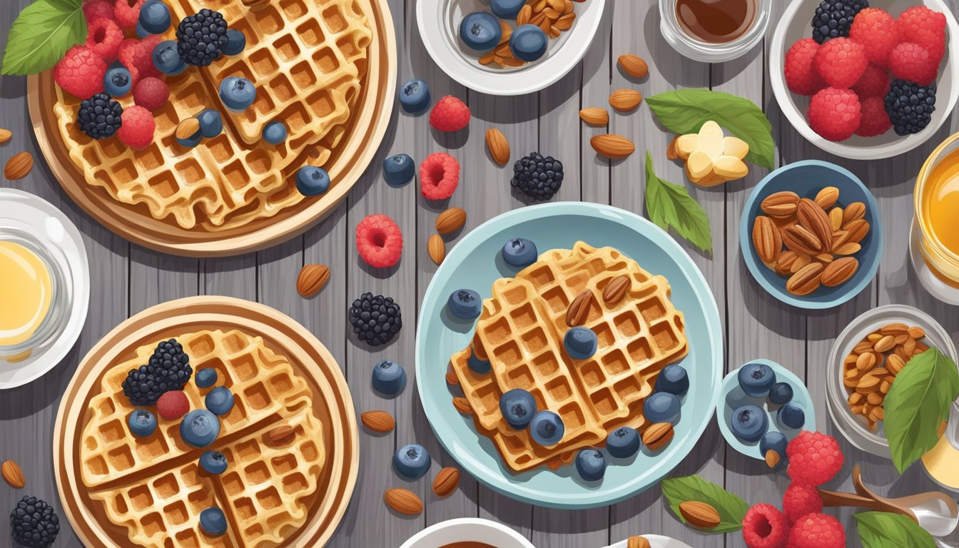 A plate of flaxseed waffles surrounded by low-carb ingredients like berries, nuts, and sugar-free syrup on a wooden table