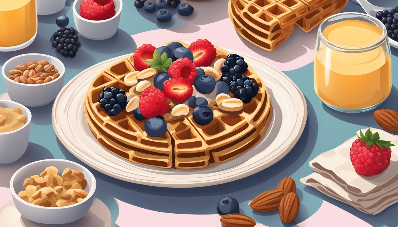 A plate of protein powder waffles surrounded by low-carb ingredients like berries and nuts, with a warm, inviting atmosphere