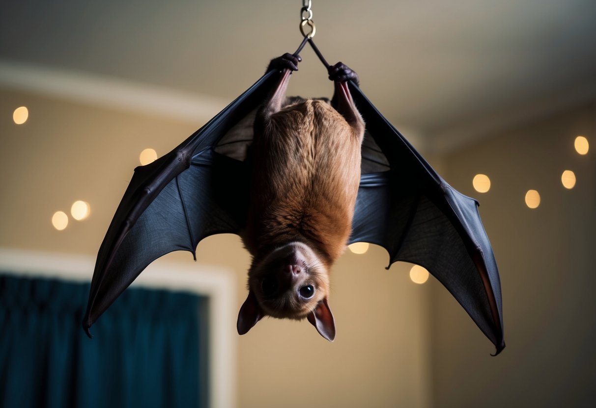 A bat hangs upside down in a dimly lit room, its wings folded tightly against its body as it rests peacefully