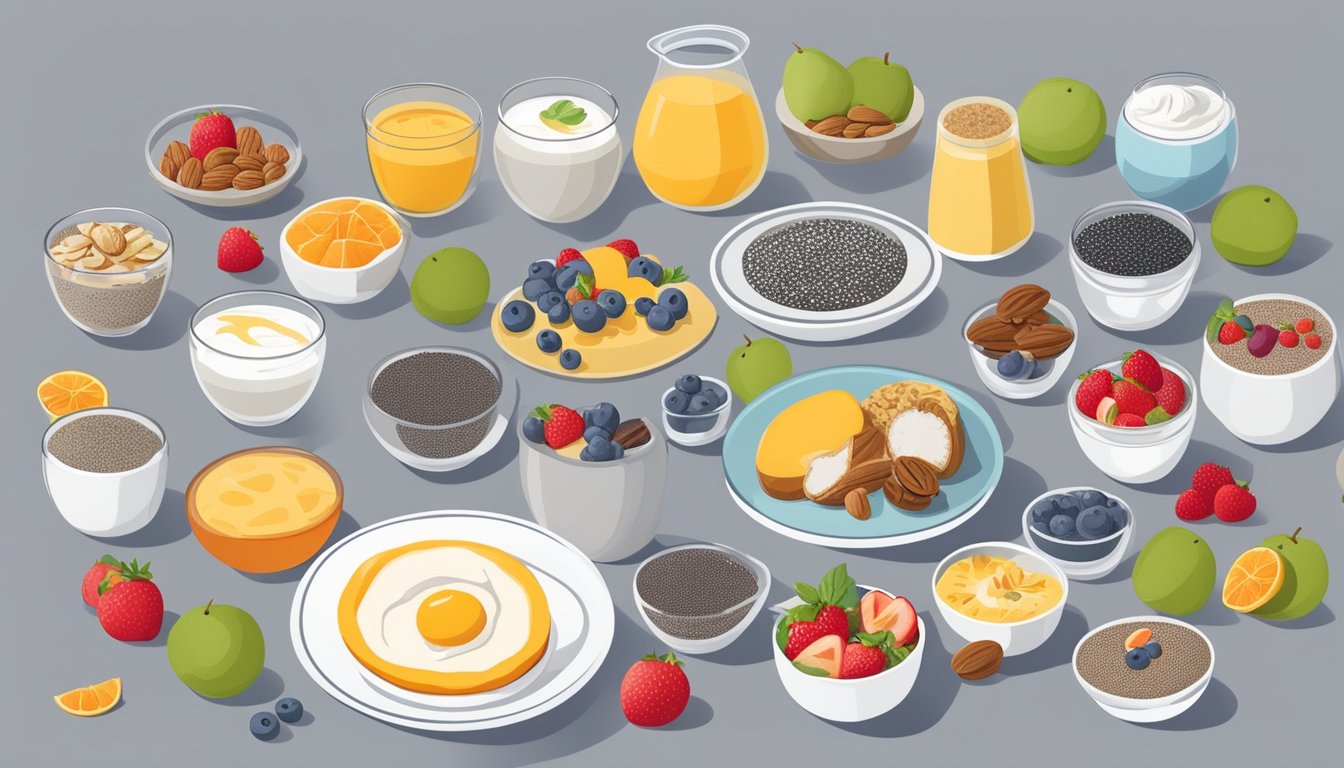 A table with 11 variations of coconut chia seed pudding, surrounded by different diabetic-friendly breakfast items like fruits, nuts, and yogurt