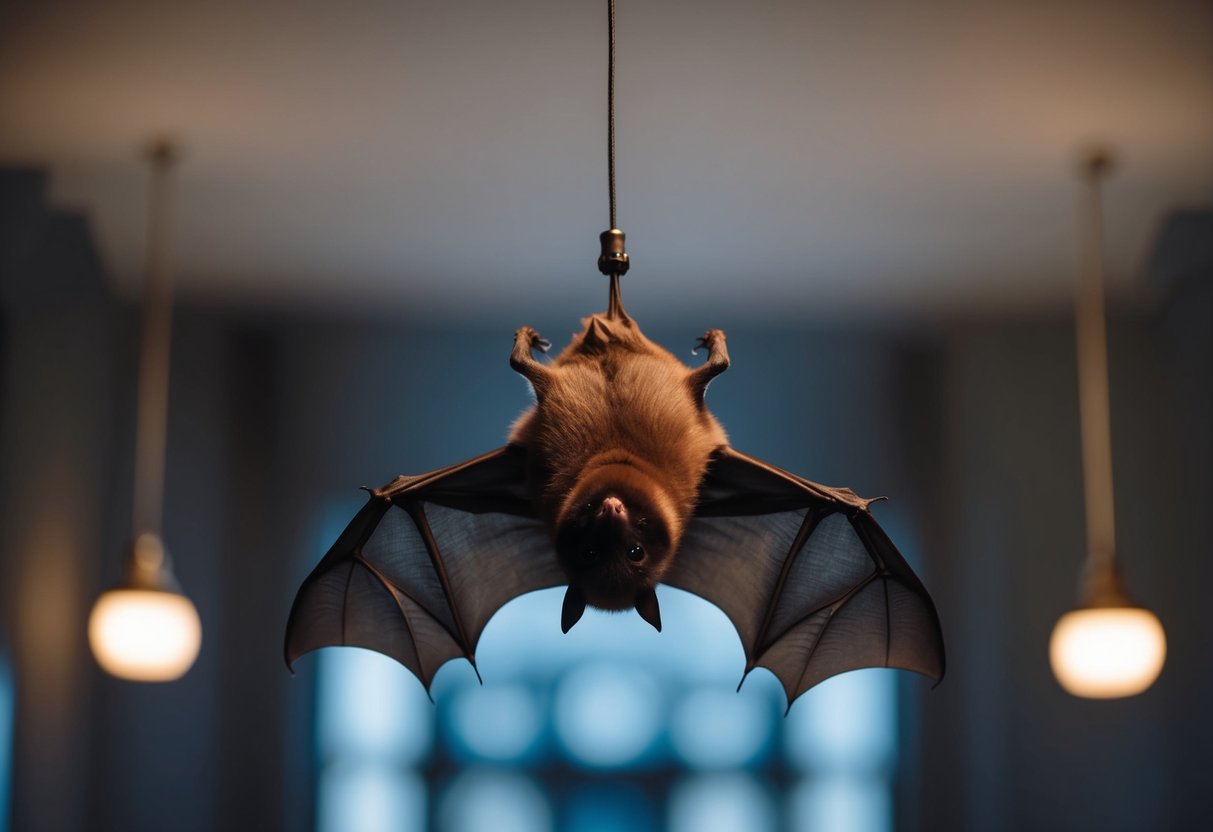 A bat hangs upside down from the ceiling of a dimly lit room, its wings folded as it rests peacefully