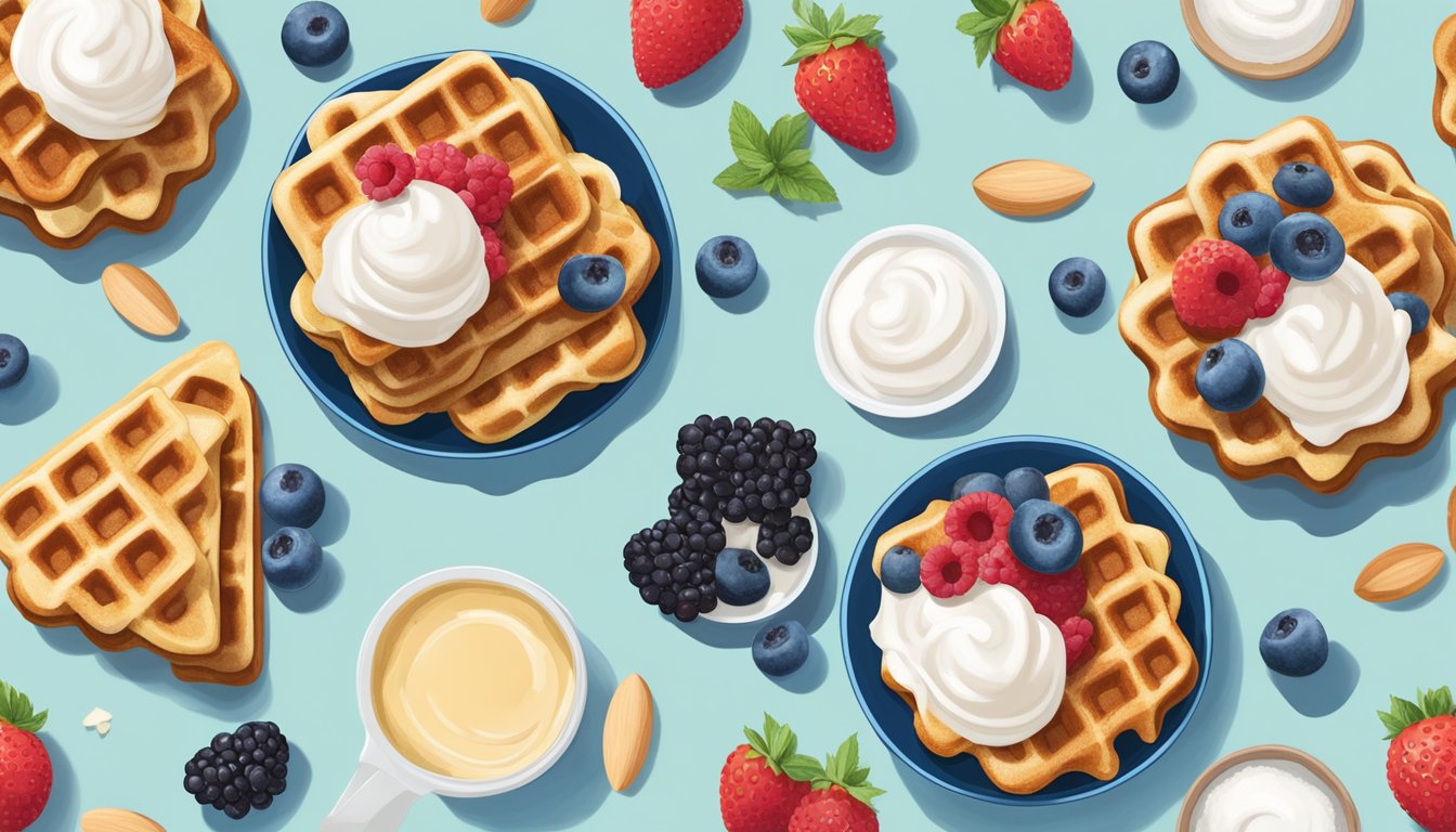 A table with various waffle alternatives, including almond flour, coconut flour, and flaxseed, surrounded by fresh berries and a dollop of sugar-free whipped cream