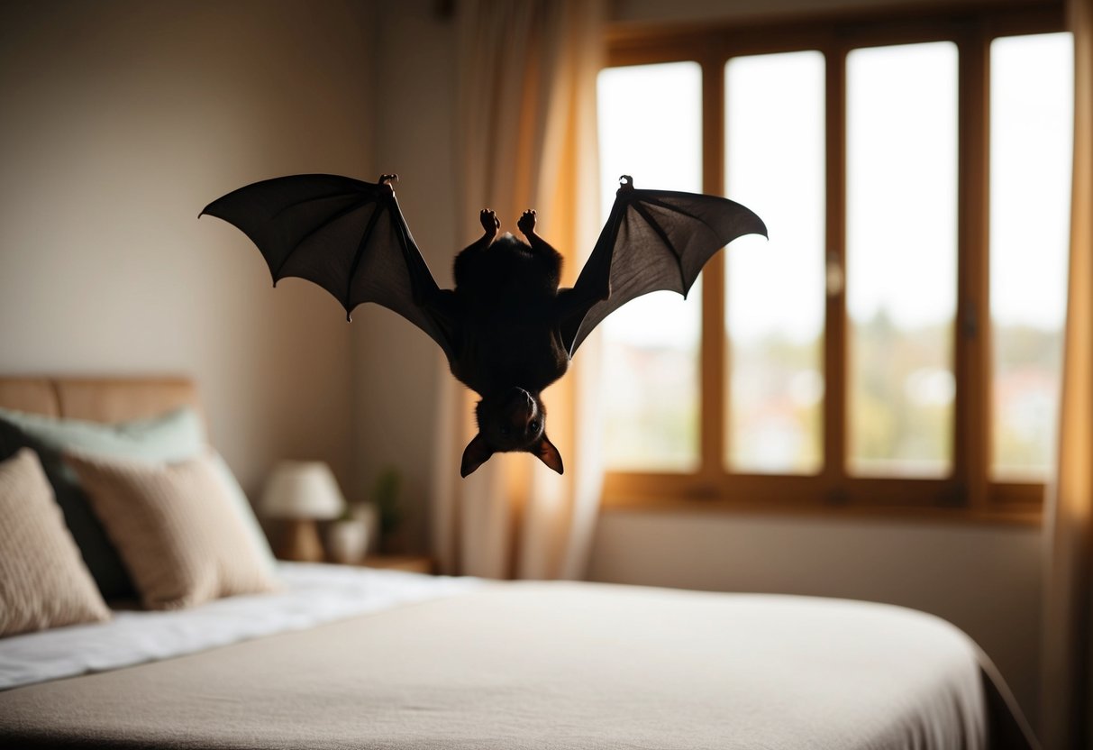 A bat hangs upside down in a cozy, dimly lit room with a soft bed and open window
