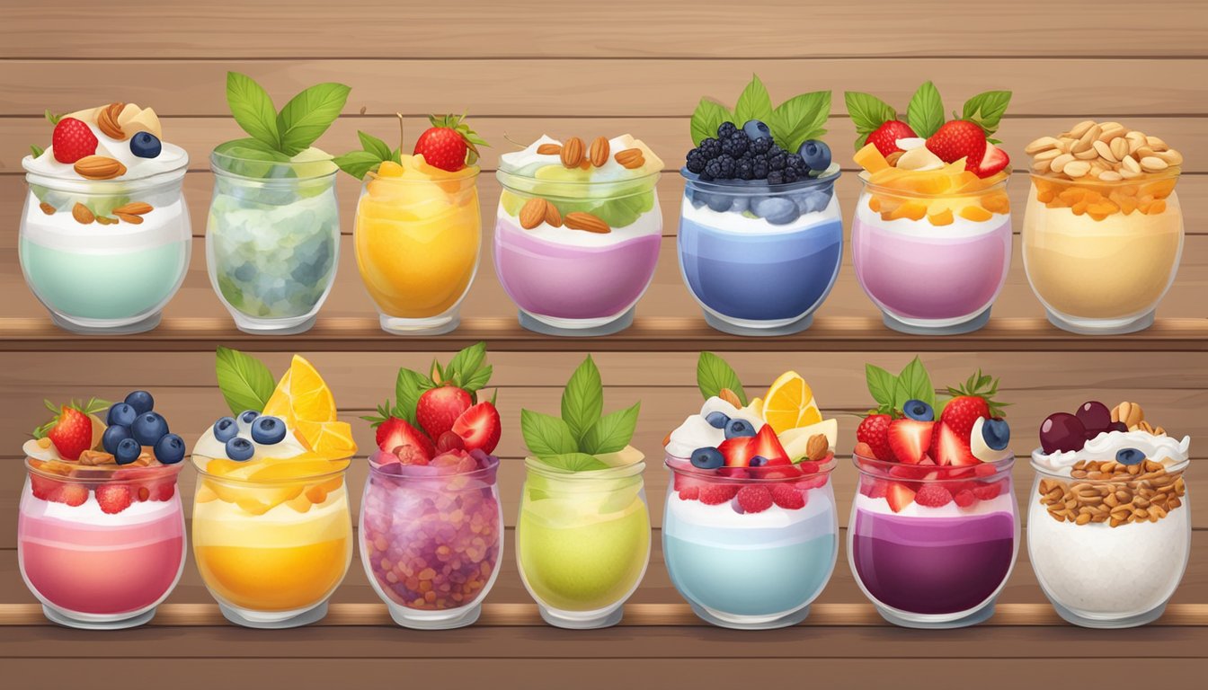 A colorful array of 11 different coconut yogurt parfaits, each topped with various fruits, nuts, and seeds, displayed on a wooden table