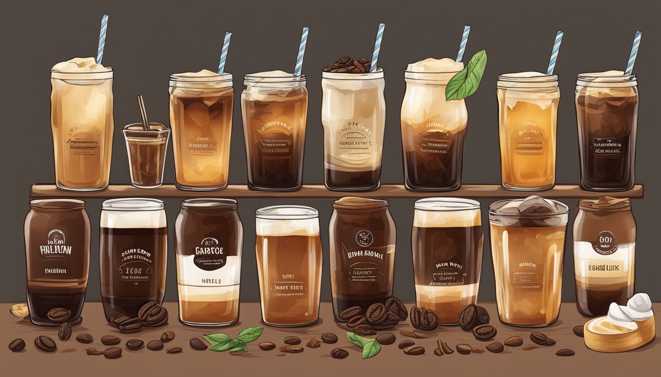 A table with a variety of cold brew coffee drinks, each garnished with cinnamon and vanilla beans