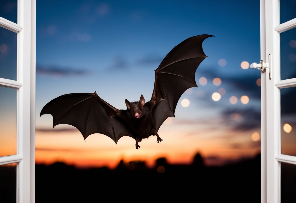 A bat flying out of an open window at dusk