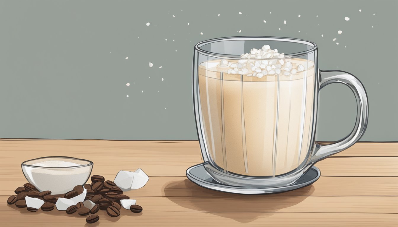 A tall glass filled with a creamy coconut chiller sits next to a stack of recipe cards, surrounded by coffee beans and a decorative mug