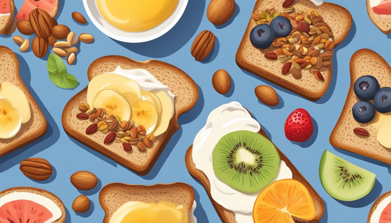 A slice of toast topped with flaxseeds surrounded by various breakfast items like fruit, yogurt, and nuts