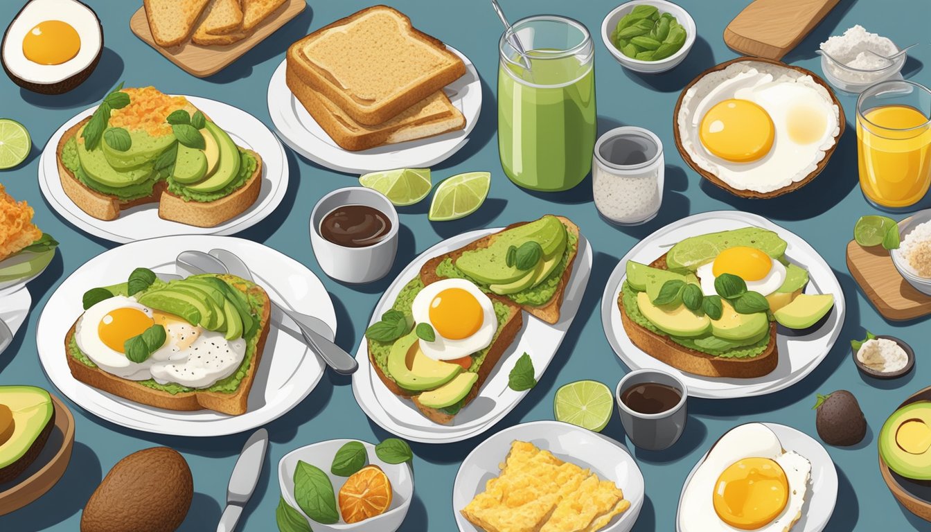 A table set with 11 variations of coconut-topped avocado toast, surrounded by various diabetic-friendly breakfast items