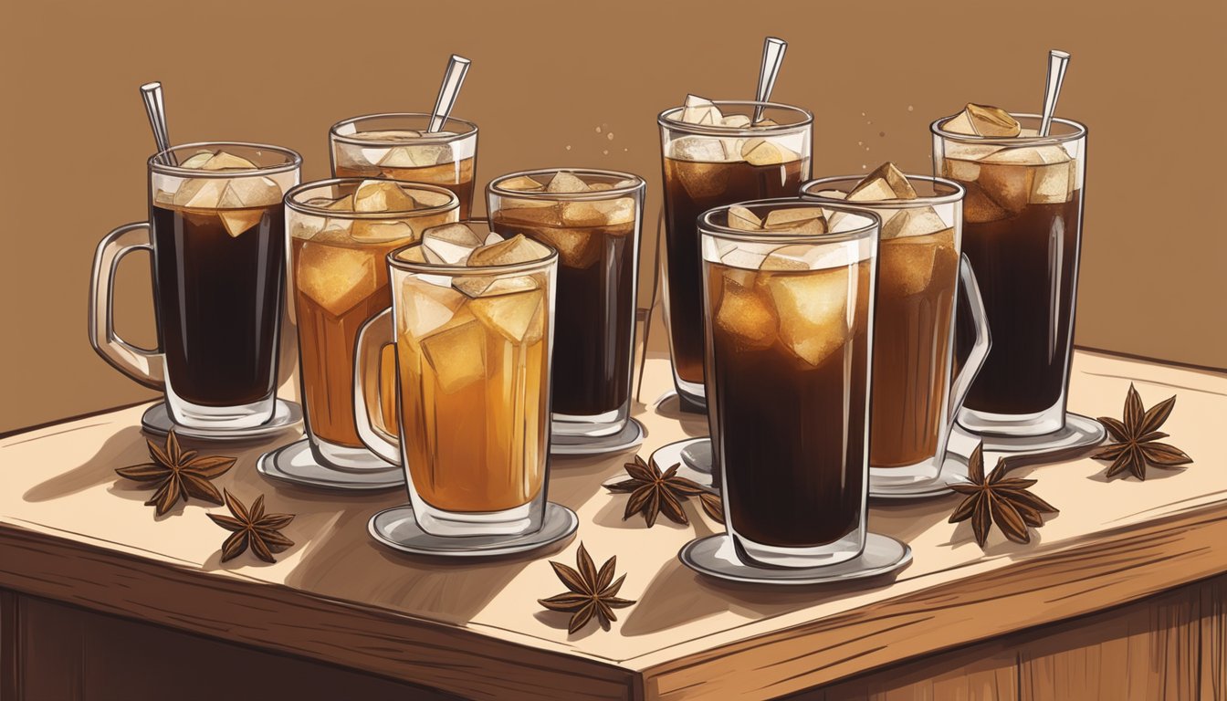 A table with 11 glasses of cold brew coffee, each garnished with different spices and maple syrup, set against a backdrop of warm, earthy tones