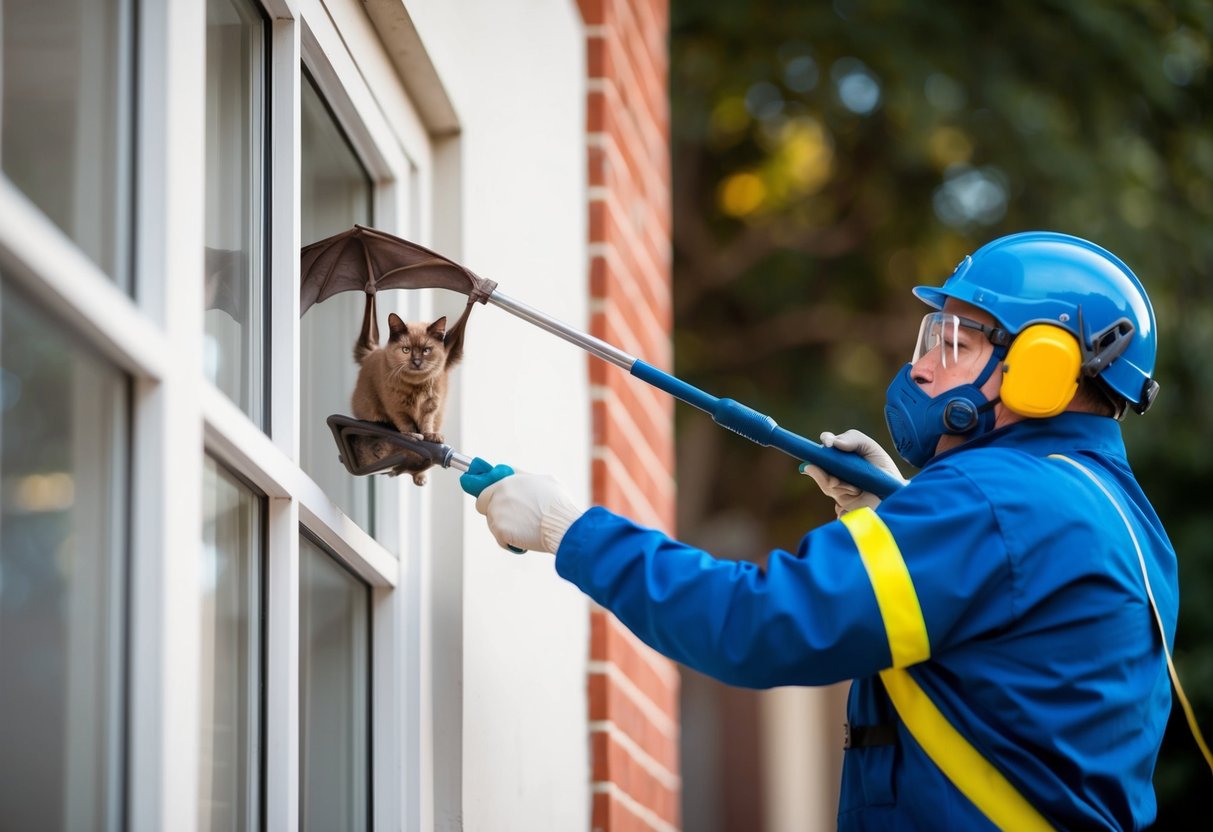 A person wearing protective gear removes a bat from a building using a long-handled tool