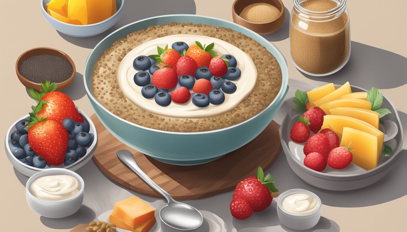 A bowl of pudding mixed with chia seeds and flaxseeds, surrounded by various breakfast items like oatmeal, yogurt, and fruit