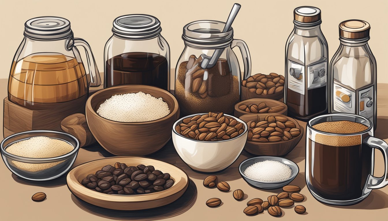 A table with various cold brew coffee ingredients, including vanilla, nuts, and sugar alternatives, arranged for recipe illustration