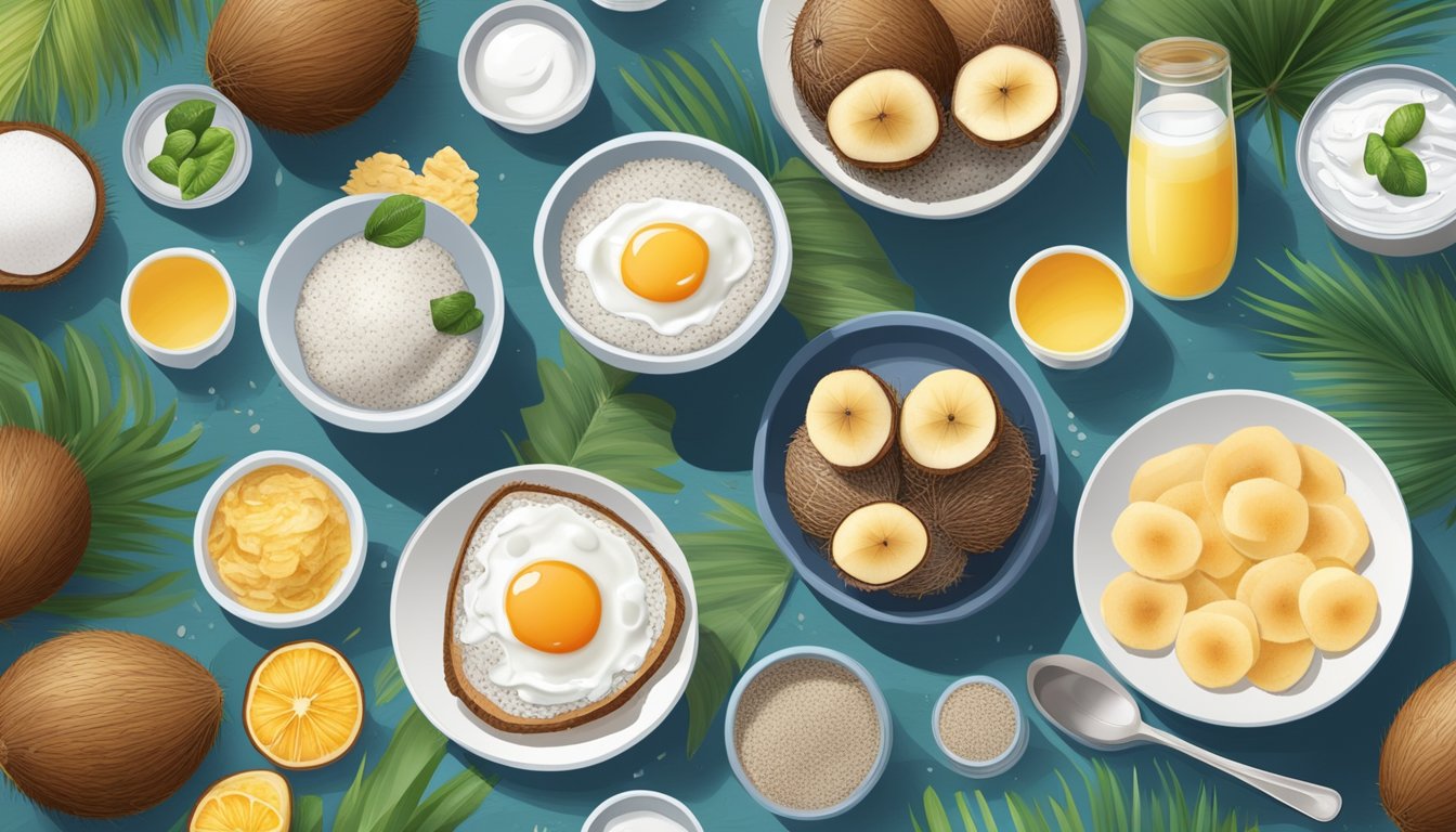 A breakfast table with a variety of coconut-based dishes, such as coconut yogurt, coconut chia pudding, and coconut flour pancakes, surrounded by fresh coconuts and coconut oil