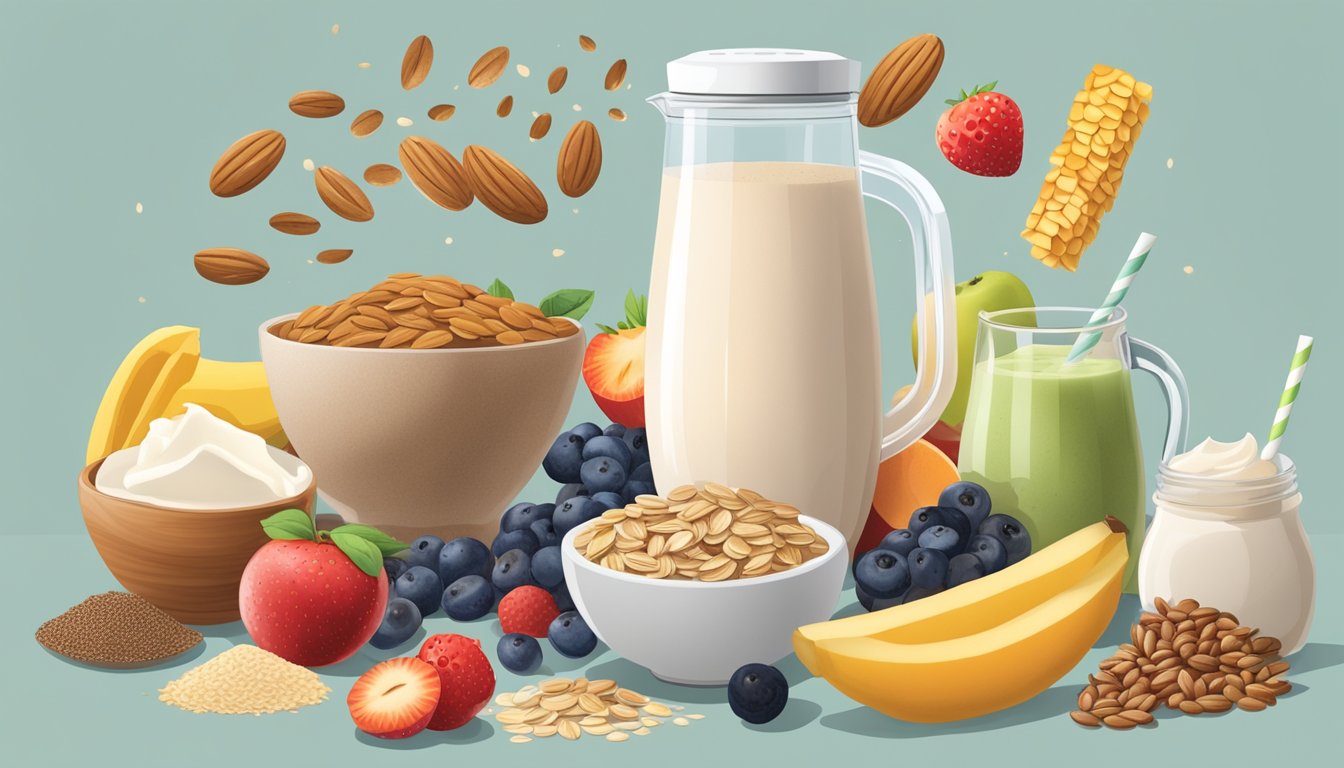 A blender filled with various ingredients, including flaxseeds, surrounded by different types of breakfast foods like oatmeal, yogurt, and fruit