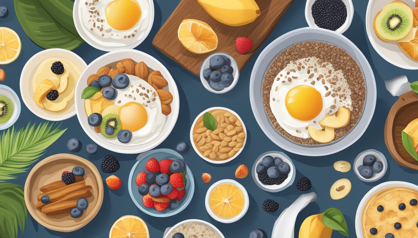 A breakfast table with a variety of coconut-infused dishes, such as coconut yogurt, coconut chia pudding, and coconut flour pancakes, surrounded by fresh fruits and nuts