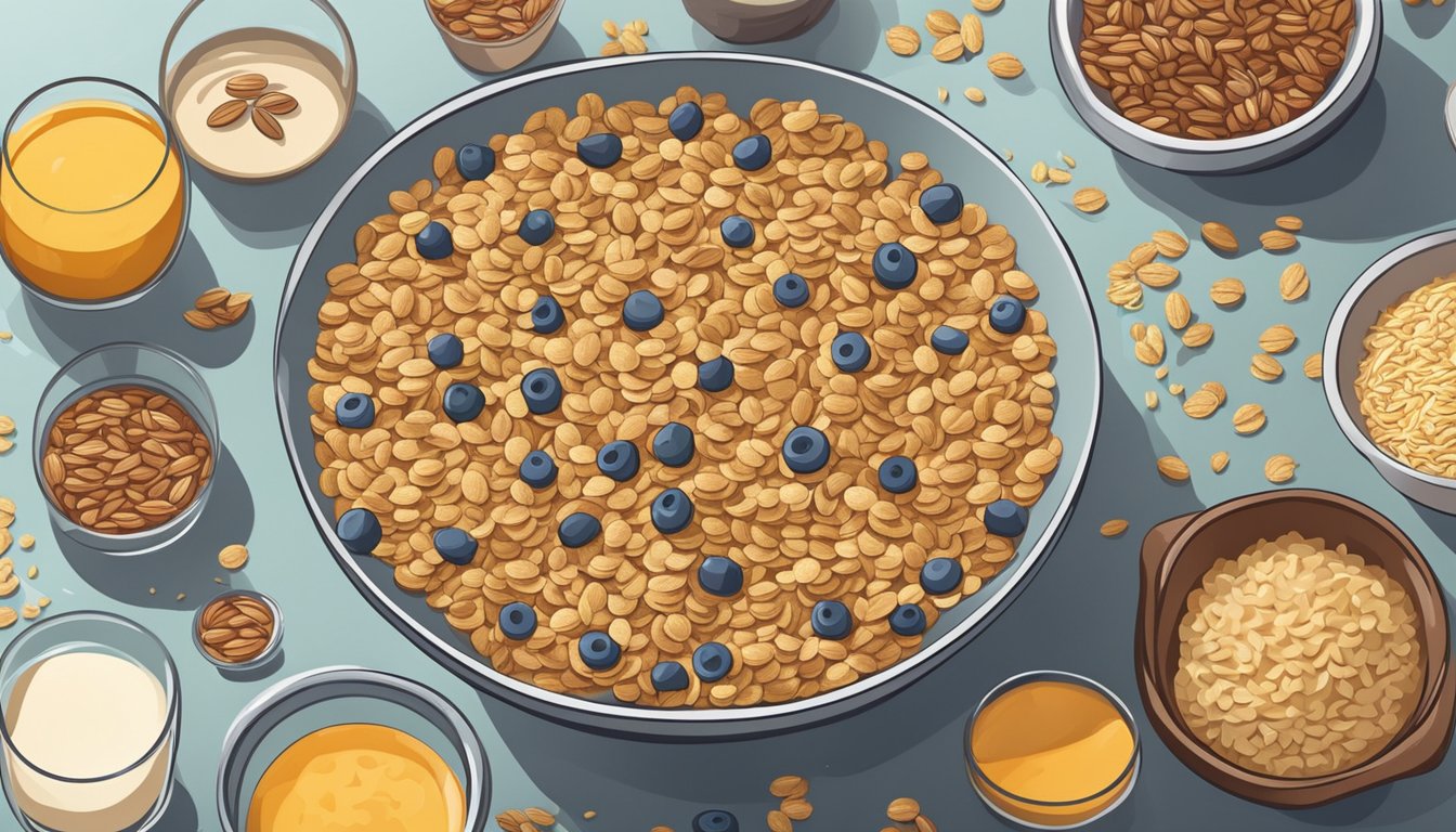 A bowl of cereal with flaxseeds, surrounded by various breakfast ingredients and utensils on a kitchen counter