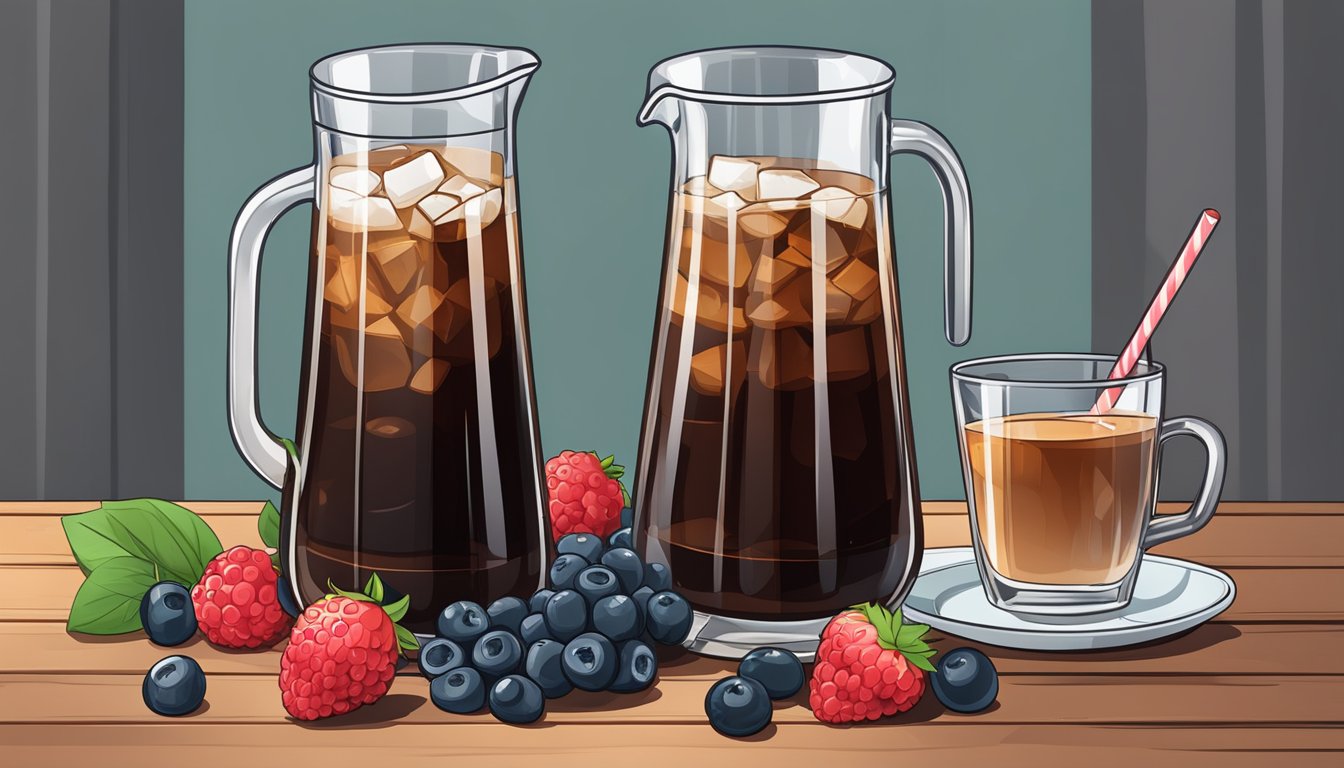 A glass pitcher filled with berry-infused cold brew coffee surrounded by fresh berries and ice cubes on a wooden table