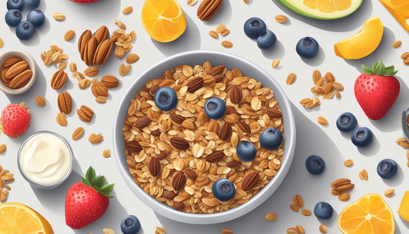 A bowl of granola with flaxseeds, surrounded by various breakfast items like yogurt, fruit, nuts, and honey