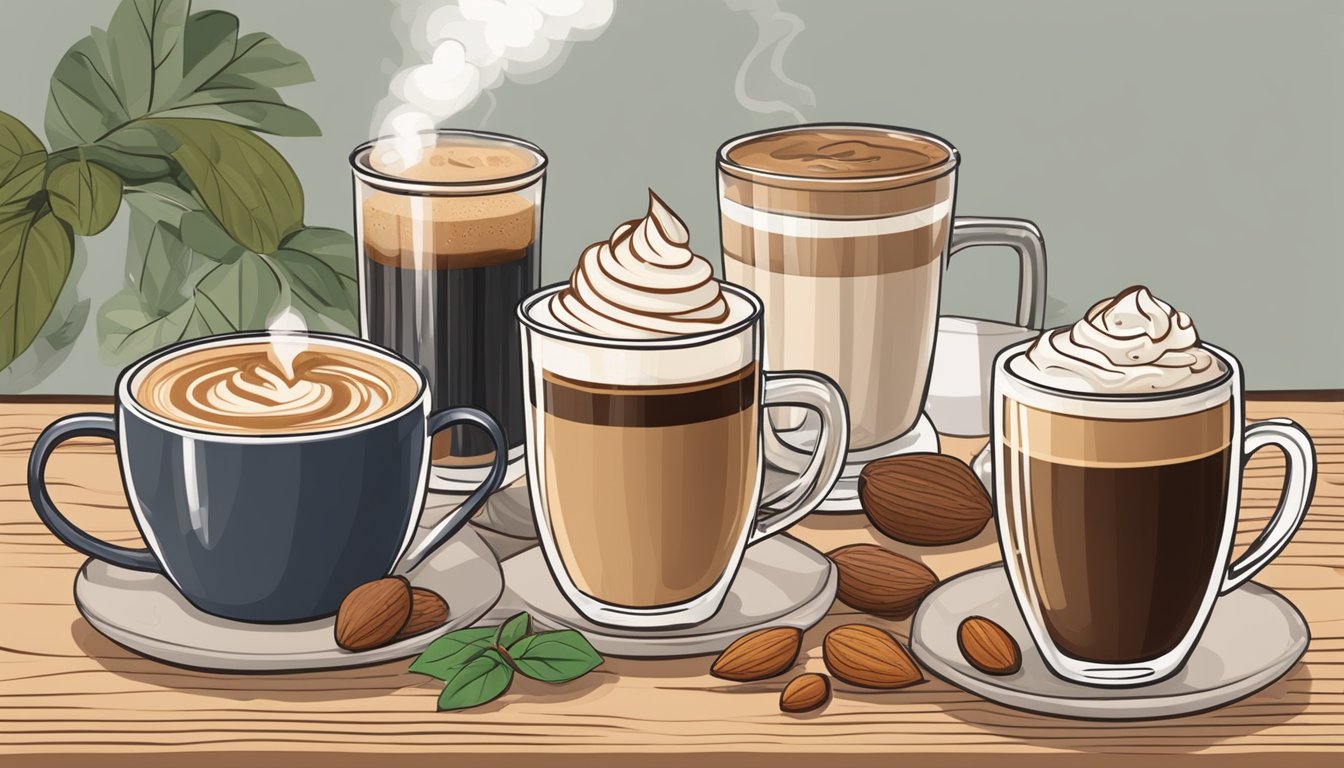 A cozy cafe table with a steaming mug of hazelnut almond latte surrounded by 11 different cold brew coffee recipes for diabetics