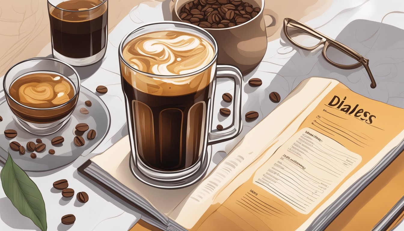 A glass of cold brew coffee with caramel swirls, surrounded by coffee beans and a diabetes-friendly recipe book