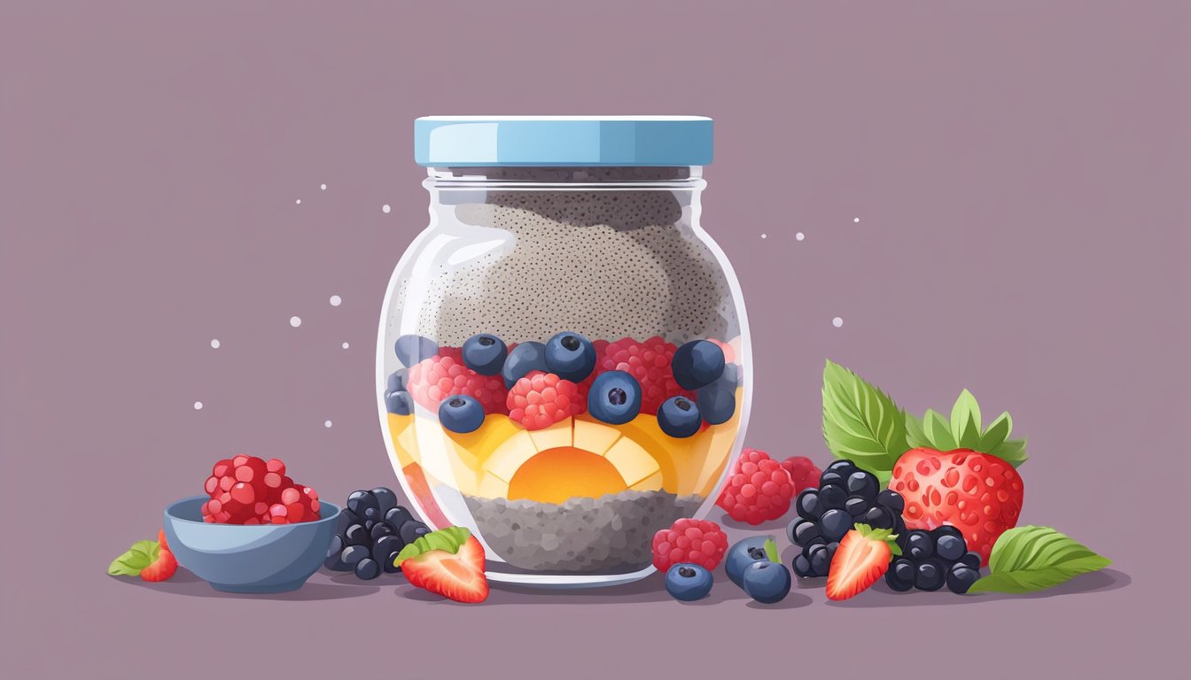 A glass jar filled with overnight chia pudding topped with a colorful assortment of fresh berries, surrounded by various breakfast ingredients and chia seeds in different dishes