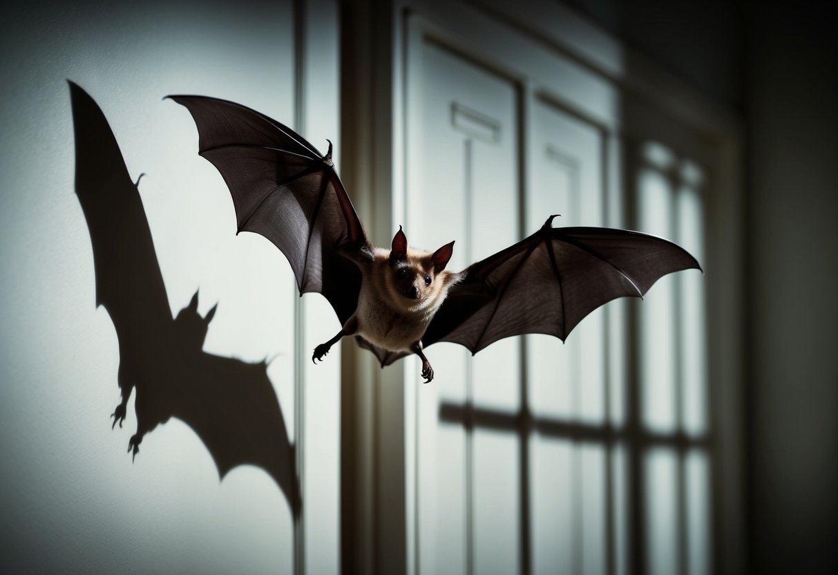 A bat flies freely inside a dimly lit house, its wings casting eerie shadows against the walls as it evades capture