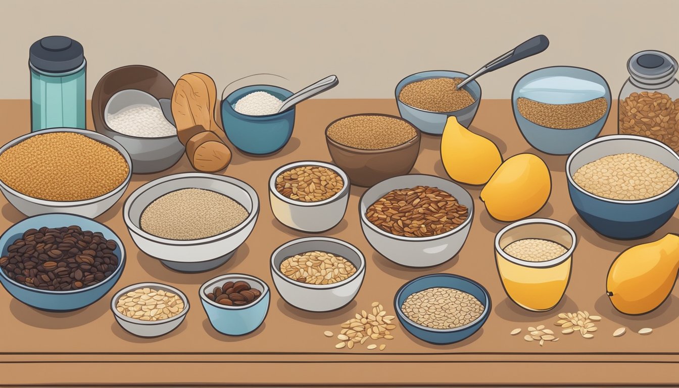 A kitchen counter with various ingredients laid out, including flaxseeds, oats, nuts, and dried fruits, with a mixing bowl and measuring cups nearby