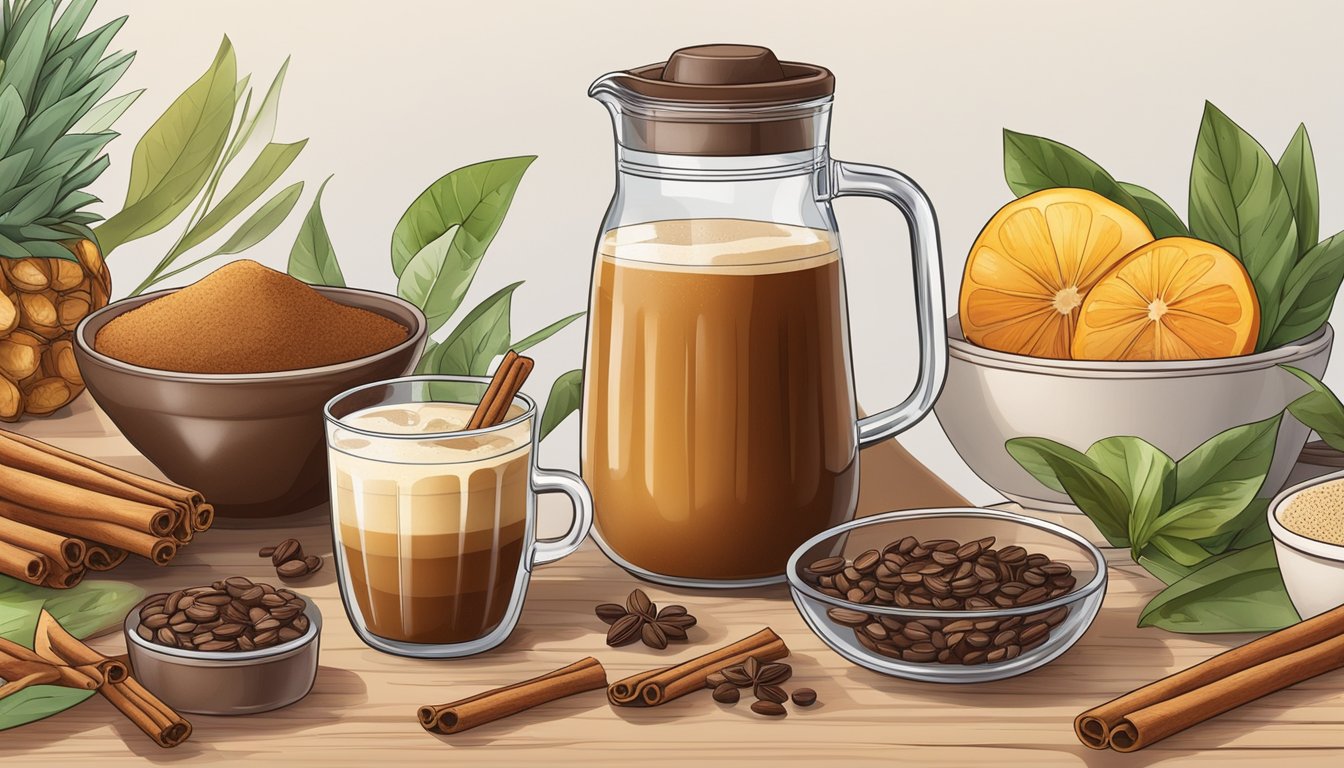 A glass pitcher filled with cold brew coffee surrounded by various ingredients such as cinnamon sticks, vanilla beans, and fresh fruit for diabetic-friendly recipes