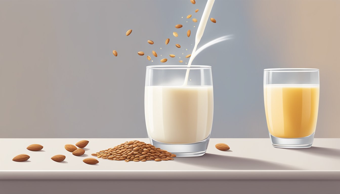 A glass of almond milk with flaxseeds being stirred in