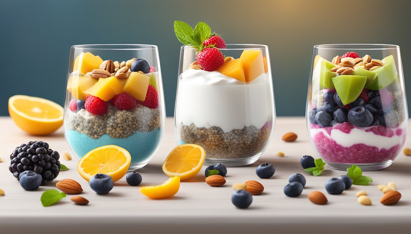 A colorful array of chia and Greek yogurt parfaits displayed on a table, each topped with different fruits and nuts, ready to be enjoyed as a healthy diabetic breakfast