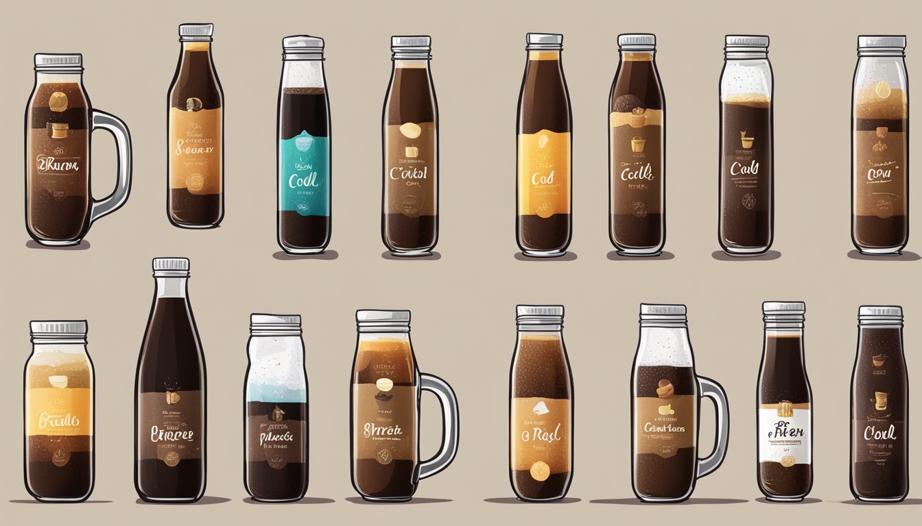 A table with 11 different cold brew coffee variations, each with different ingredients and flavors, displayed in glass containers with labels