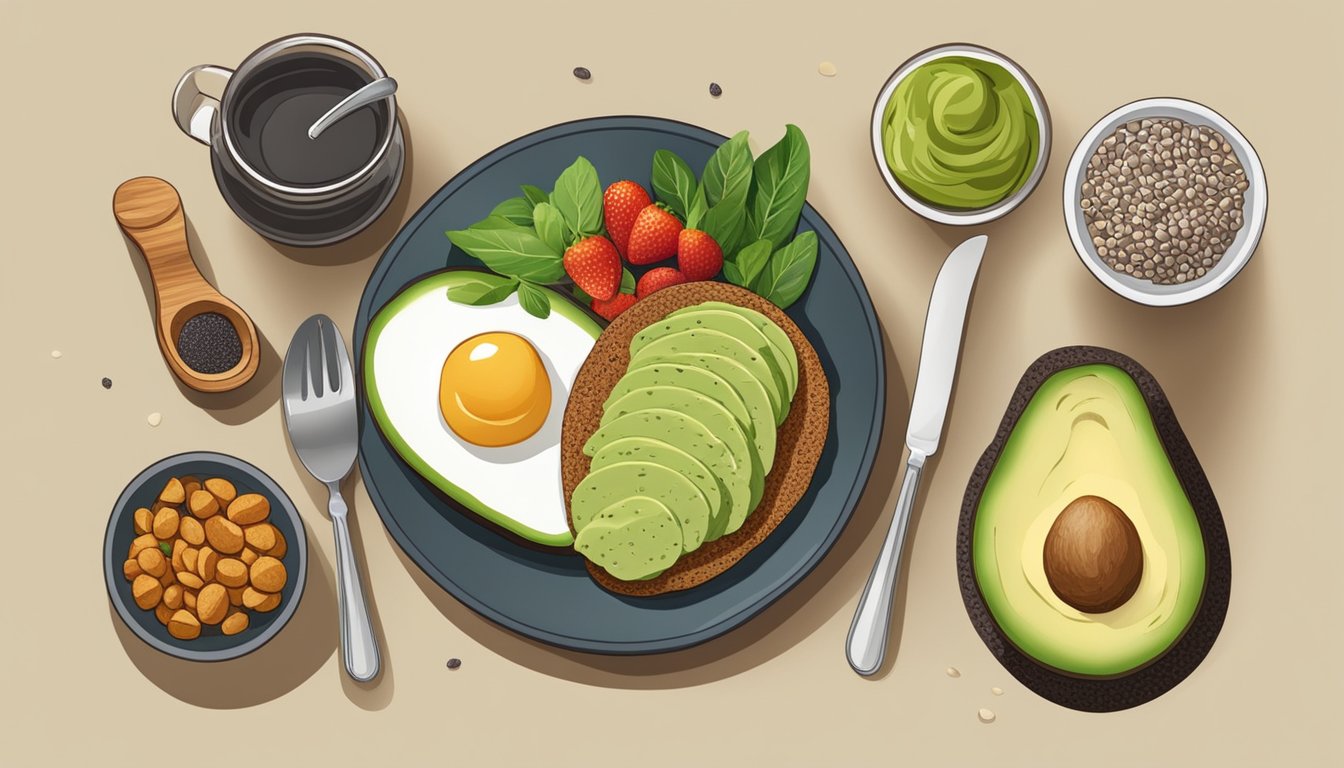 A table set with chia bread and avocado, surrounded by various breakfast items incorporating chia seeds