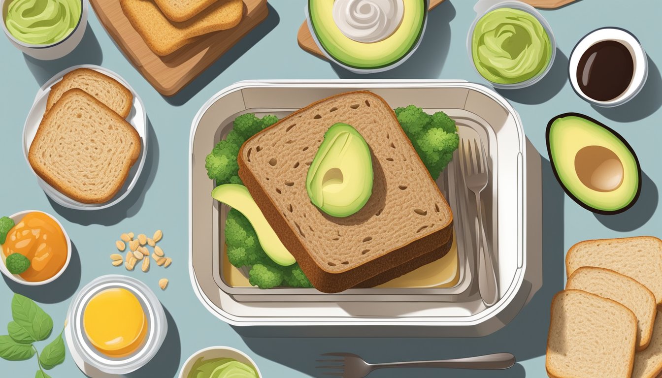 A bento box with avocado toast on whole grain bread, surrounded by diabetic-friendly breakfast items