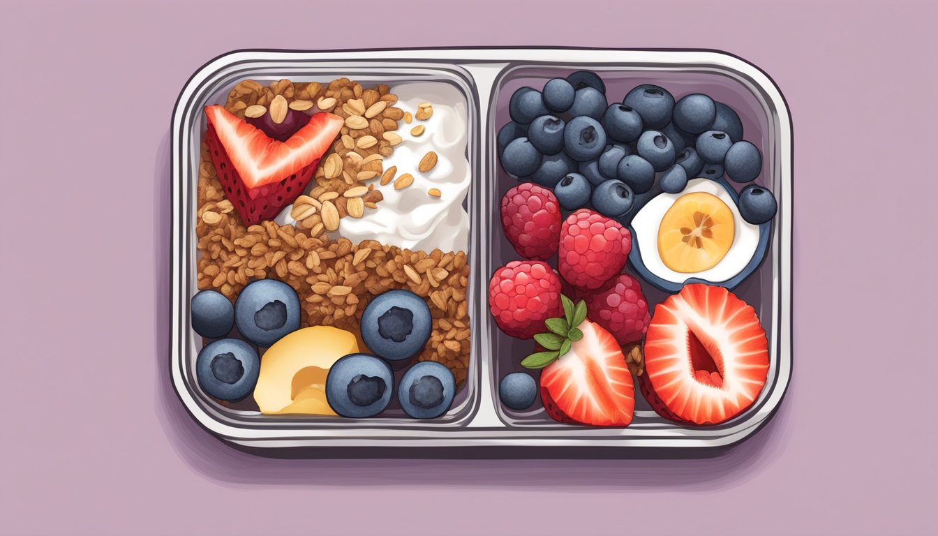 A colorful bento box filled with layers of chia seed yogurt parfait, fresh berries, and granola