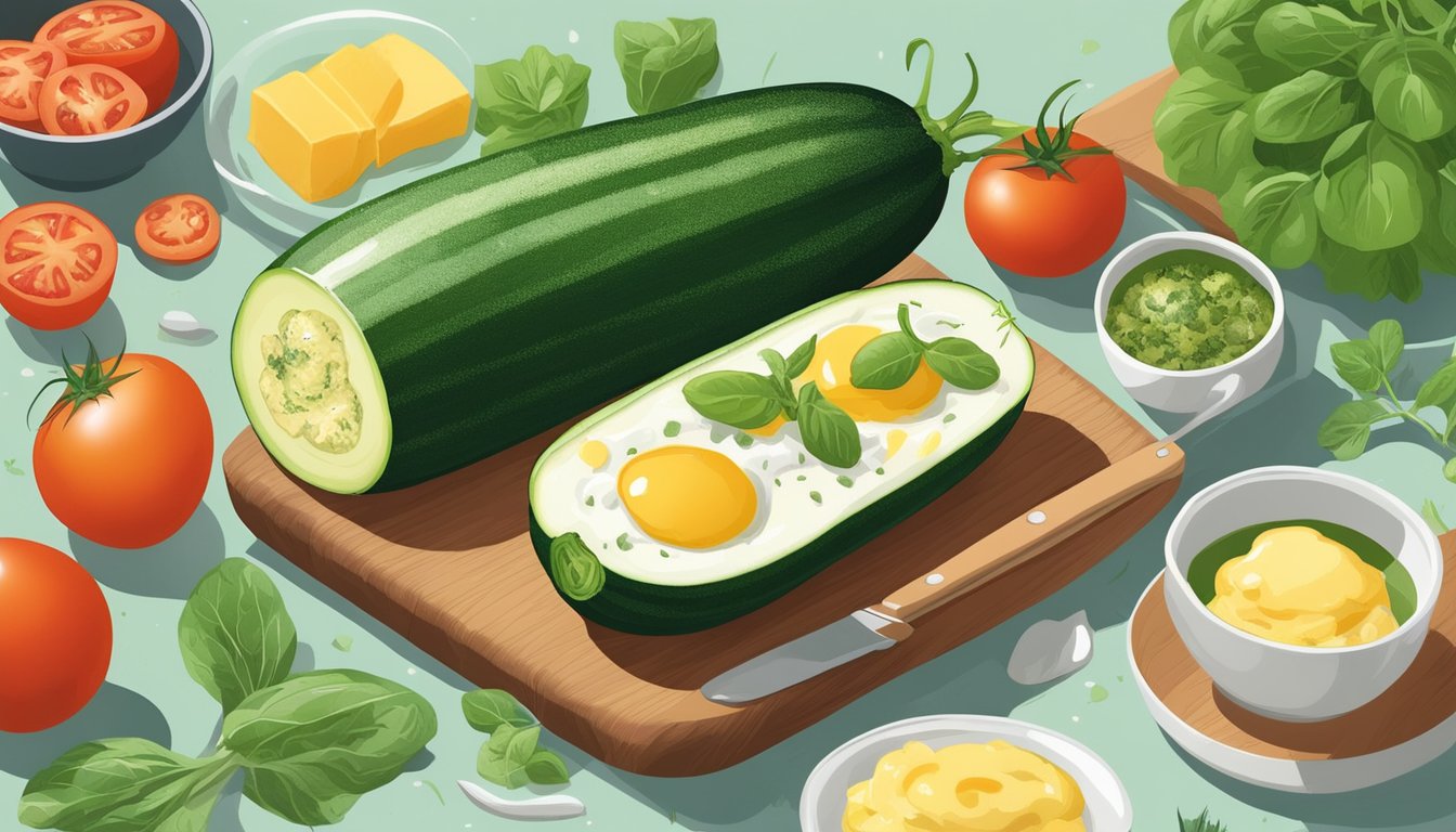 A zucchini cut in half and stuffed with cheesy eggs and spinach, surrounded by other breakfast ingredients like tomatoes and herbs