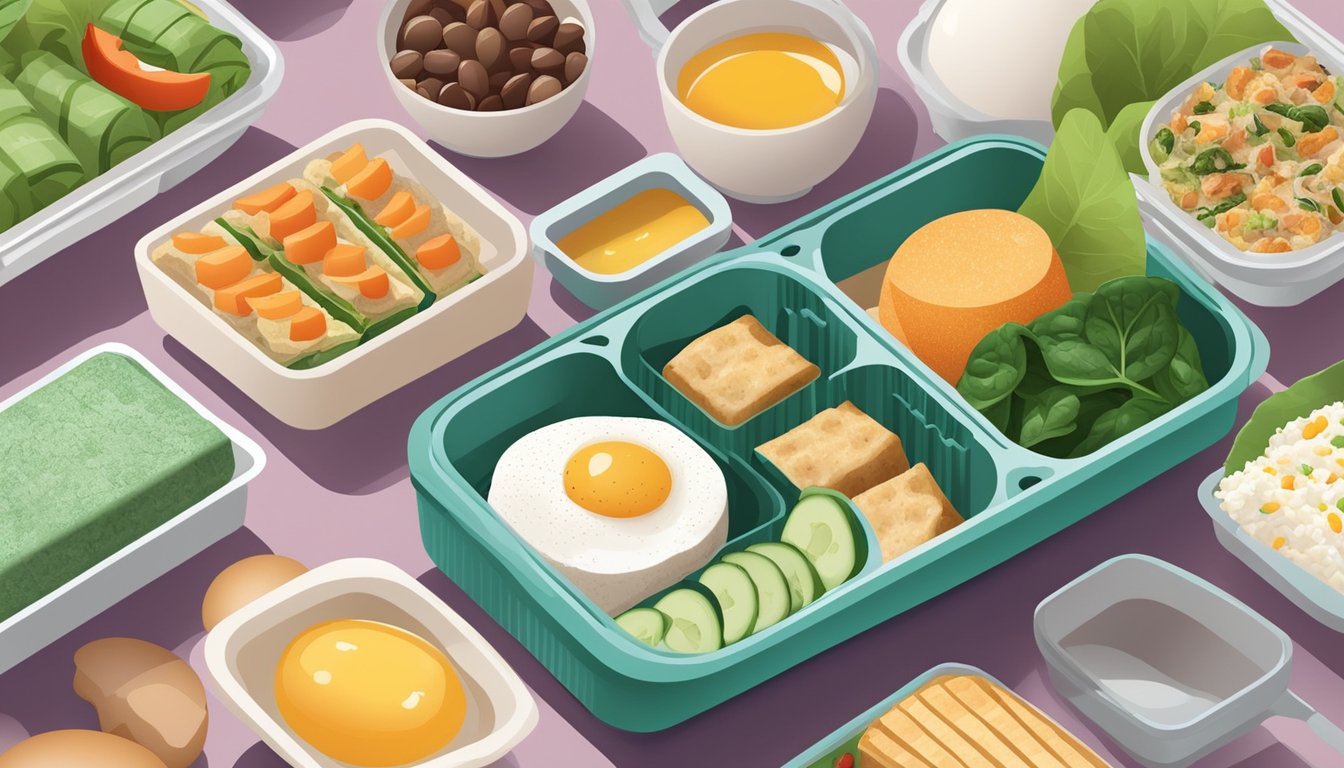 A colorful bento box filled with a neatly arranged egg white and spinach wrap, alongside a variety of diabetic-friendly breakfast items