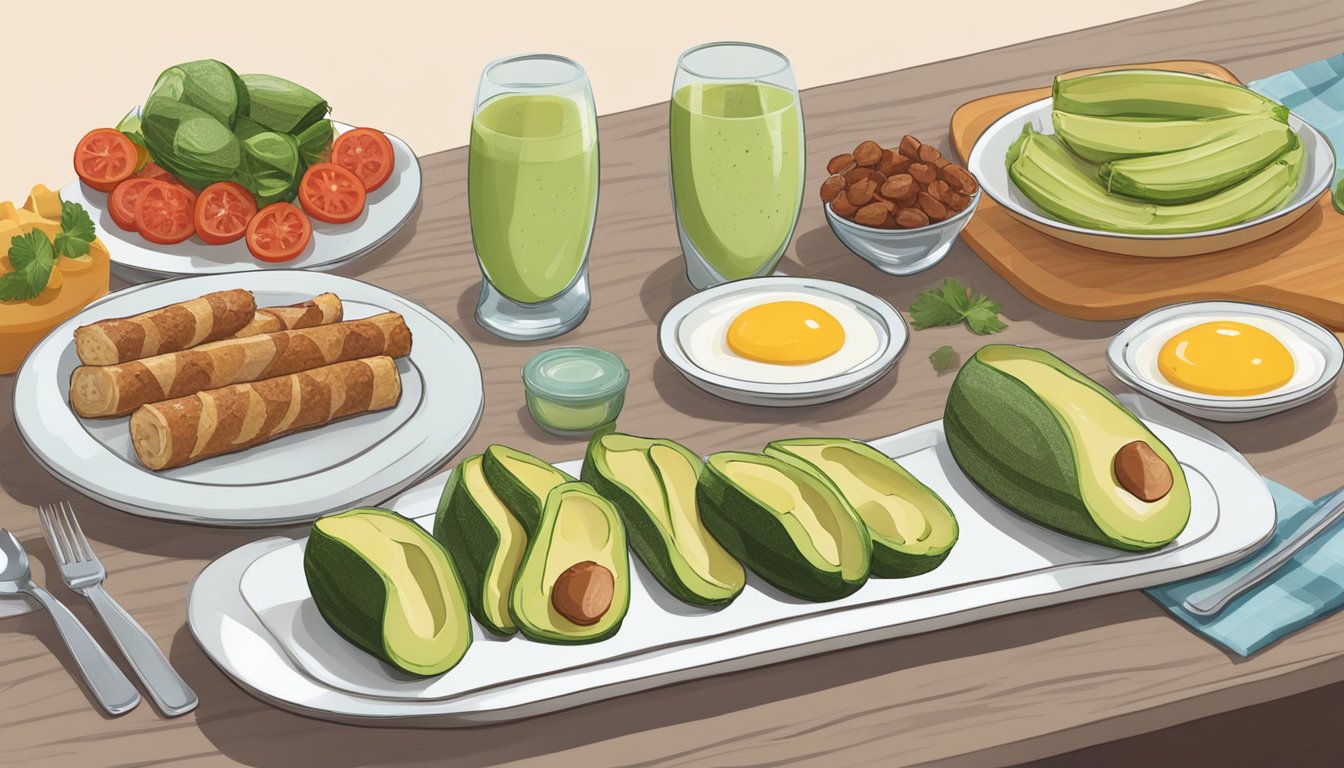 A plate of zucchini logs stuffed with avocado and turkey bacon, surrounded by other diabetic-friendly breakfast options