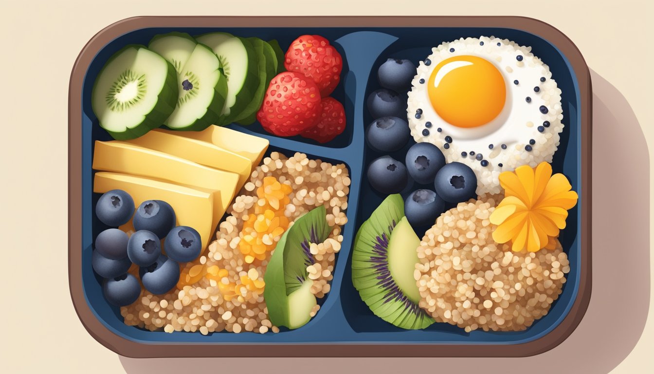 A colorful breakfast bowl with quinoa, blueberries, and other diabetic-friendly ingredients arranged in a bento box