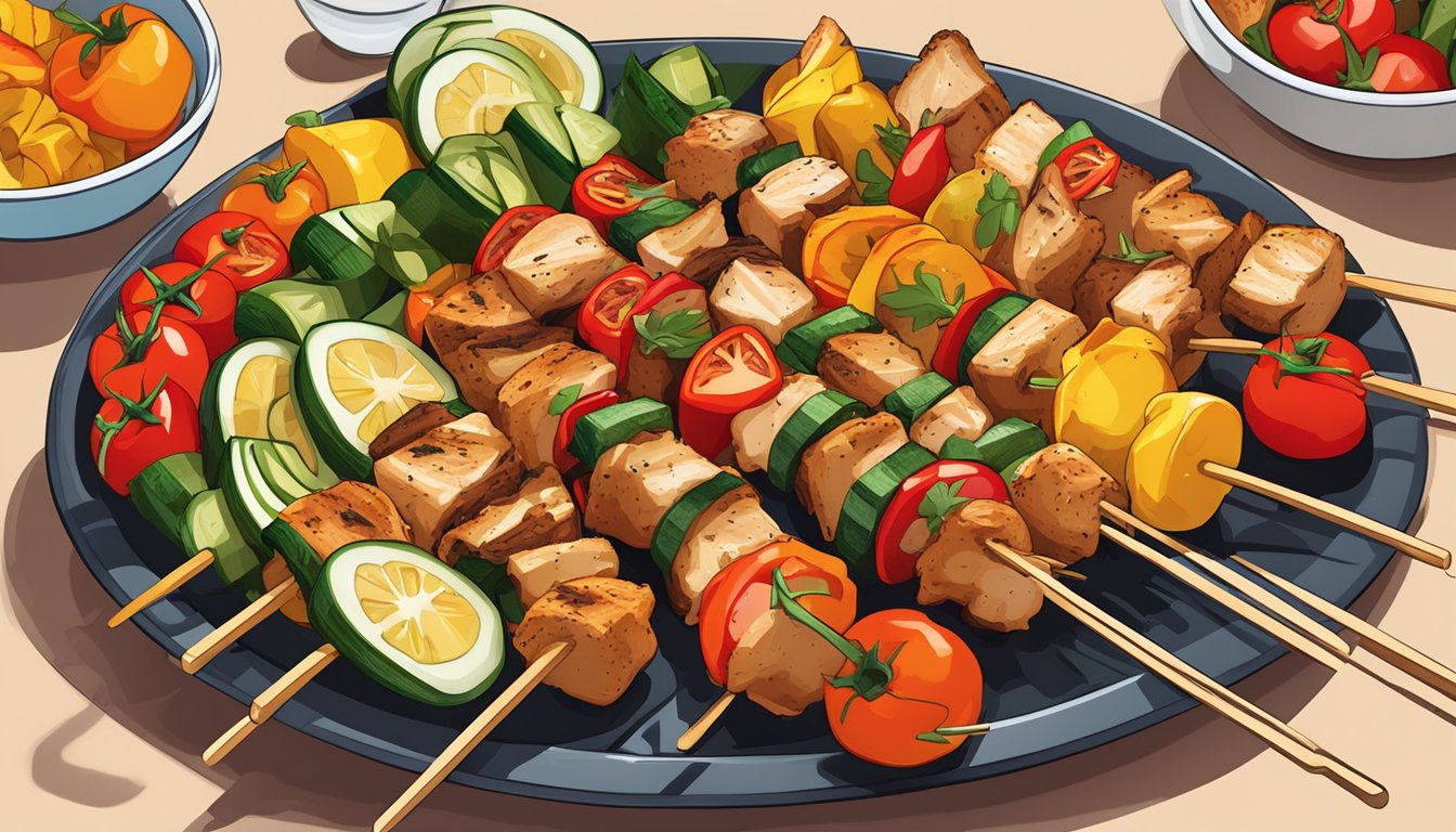 A colorful array of grilled chicken and vegetable skewers arranged on a platter, with vibrant ingredients like bell peppers, zucchini, and cherry tomatoes